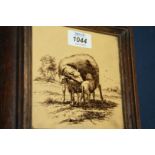 A framed Craven Dunnill tile depicting sheep and lambs in a wooden mount, 8 1/2" overall.