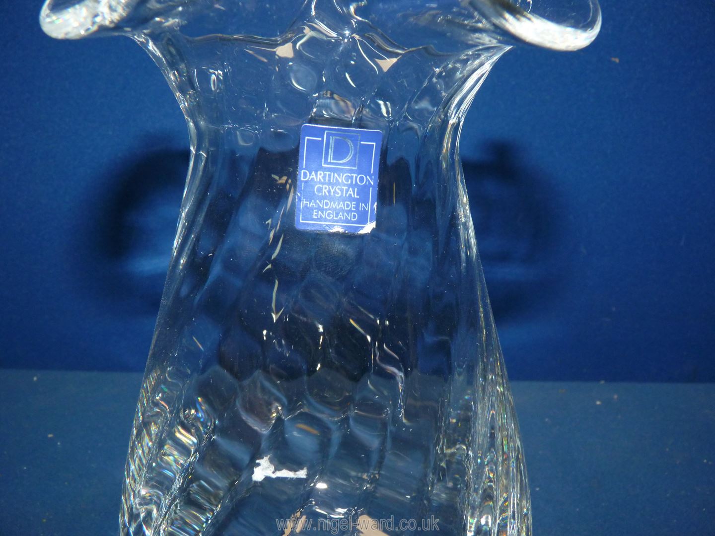 A heavy Dartington swirled crystal glass vase with wavy rim and label. - Image 2 of 2