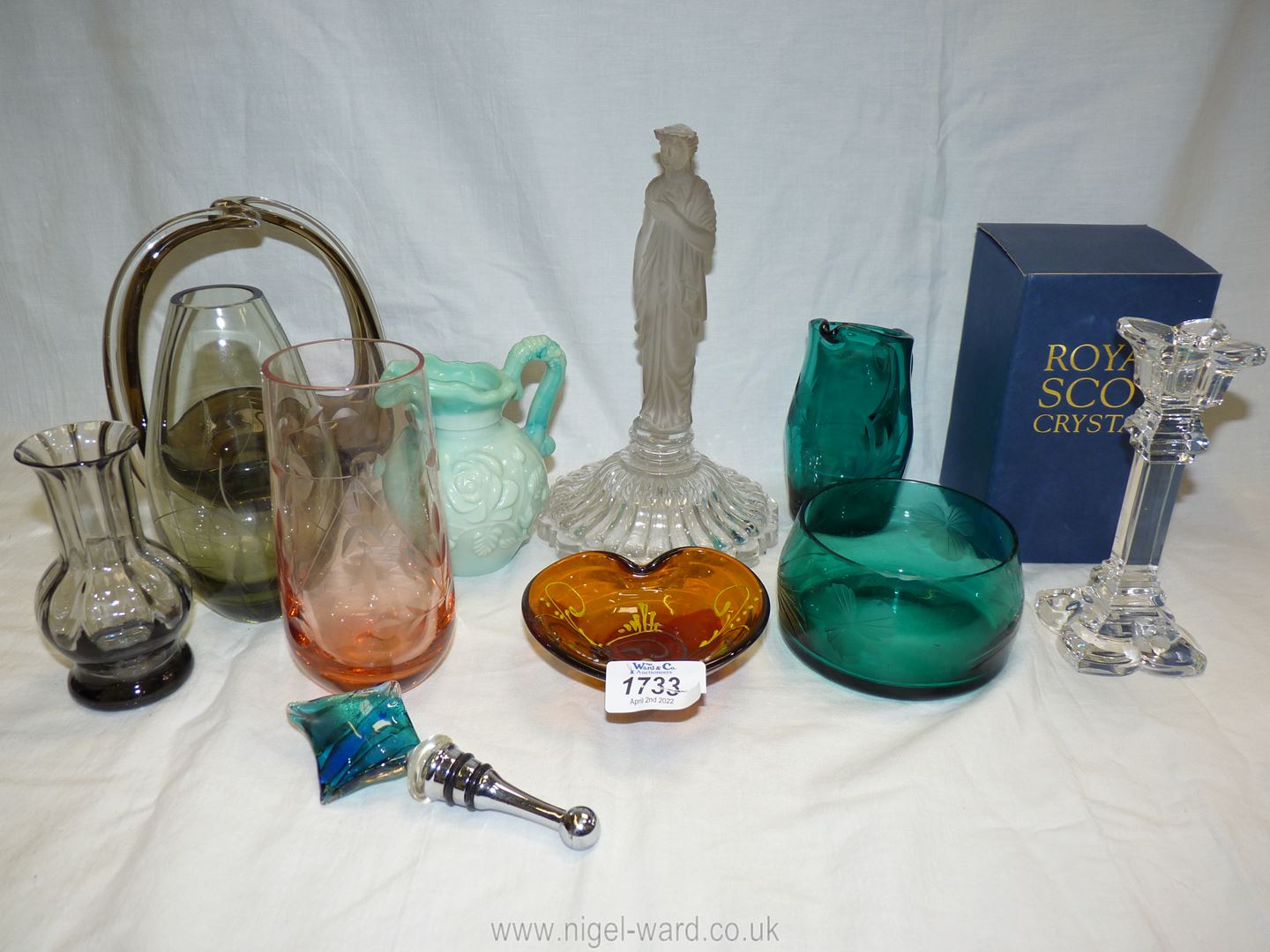 A small quantity of glass including Royal Scot vase, boxed, teal coloured bowl and small jug, - Image 2 of 2