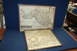 Two framed prints of maps including South West Anglia and South Wales 'Mercator Atlas 1595' and the