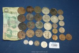 A quantity of old coinage to include an 1820 George III shilling,