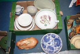 A quantity of Stonehenge ware plates, large rabbit tureen, studio jug, blue sea shell serving bowl,