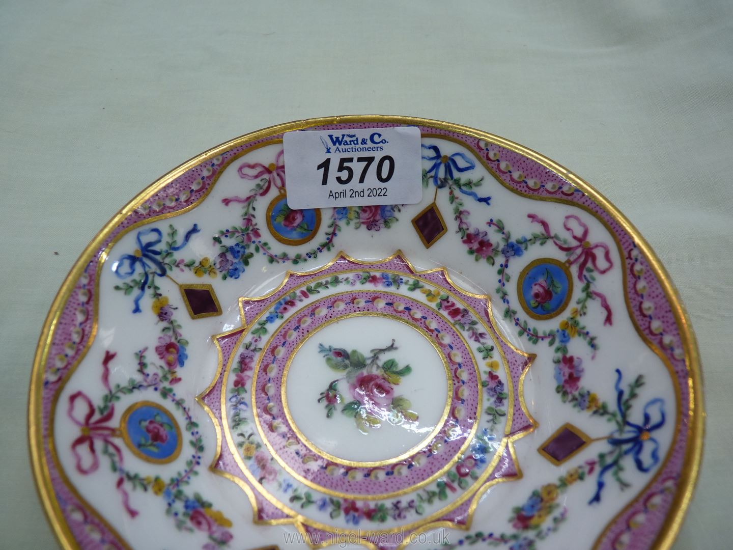 A Sevres coffee can and saucer, painted with floral garlands against a mottled salmon pink ground, - Image 4 of 13