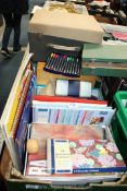 A quantity of drawing and art equipment including two wooden boxes of paints and pens,