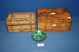 Two wooden jewellery boxes (no keys) and a jade coloured dish.
