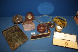 A quantity of faux Tortoiseshell dressing table items including mirror, clock, brush, pot, etc,