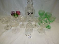 Five champagne glasses, green wine glasses, bell, decanter with stopper etc.