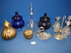 A quantity of coloured glass including gold painted pear and apple (a/f), blue shaded decanter,