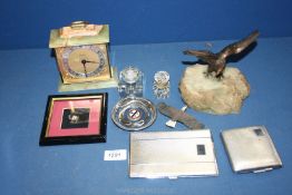 A quantity of miscellanea to include; small silver camel (framed), eagle sculpture, H.