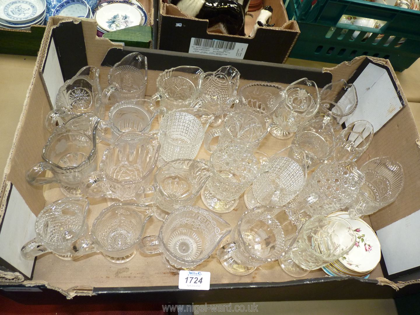 24 Pressed glass stemmed jugs/creamers, some with etched detail, - Image 2 of 2