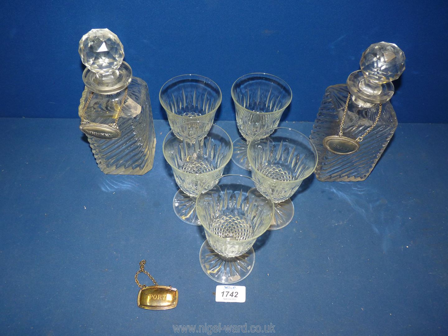 Two small decanters and stoppers, five wine glasses and three decanter labels for Brandy, - Image 2 of 2