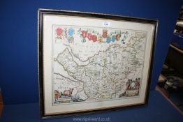 A framed Map of Cheshire and surrounding counties with heraldic shields to the top,