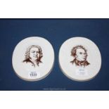 A pair of Meissen commemorative oval Plaques for 'Franz Schubert 1797-1828' and 'Johann Sebastian