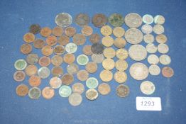 A quantity of coins to include; three pence pieces, farthings, six pence's, half crowns, old coins,