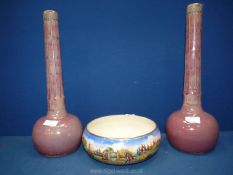 A pair of bulbous shaped, slim neck Vases in mauve, 16 1/2'' tall,
