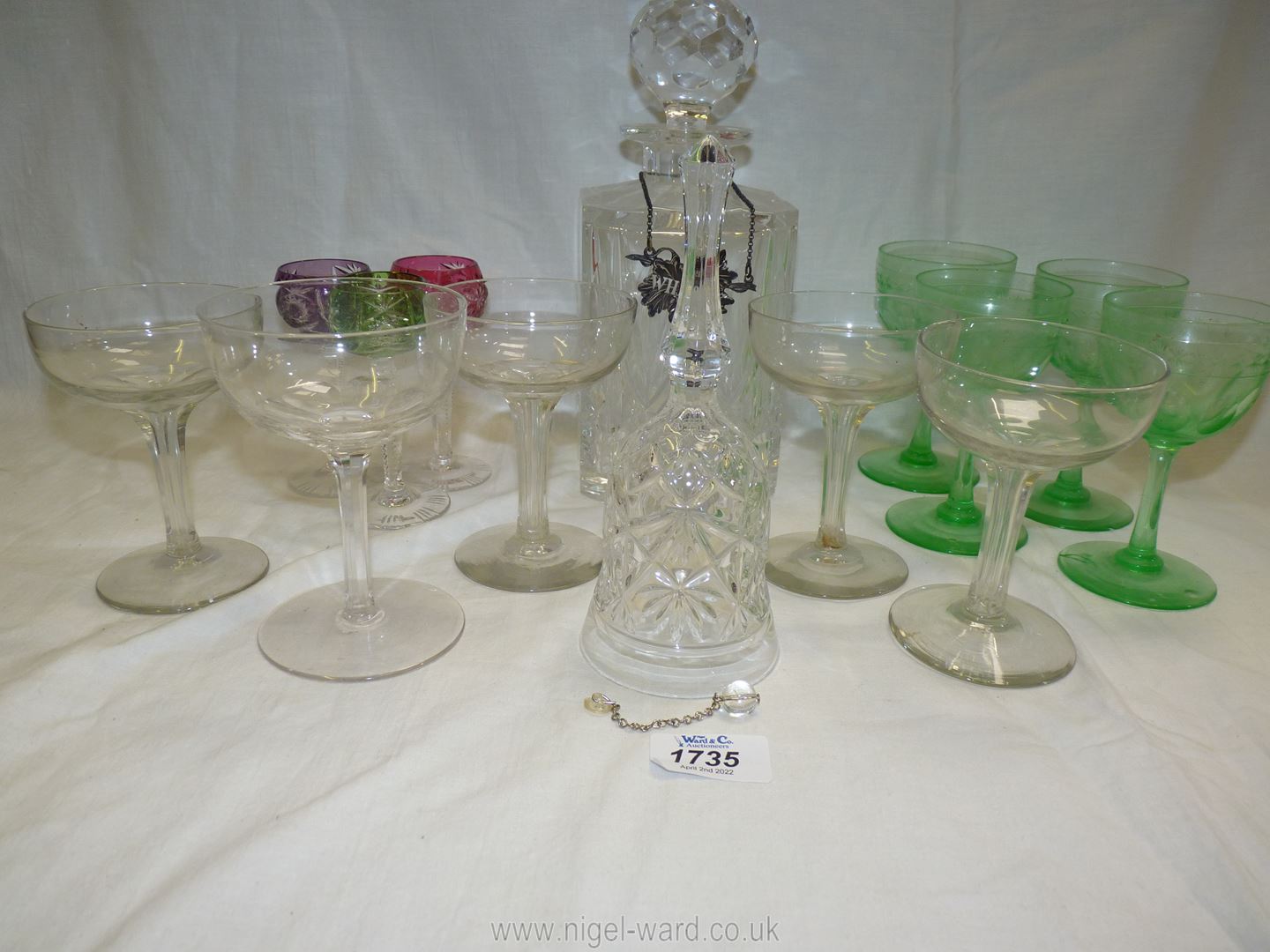 Five champagne glasses, green wine glasses, bell, decanter with stopper etc. - Image 2 of 3