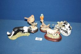 Five small animal ornaments including Collie dogs, pig and birds, some a/f.