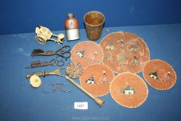 A small quantity of miscellanea including a horn beaker, candle snuffers, small hip flask,