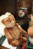 Two large hand-made brown jointed Teddy Bears, one with growler, 15'' tall seated.