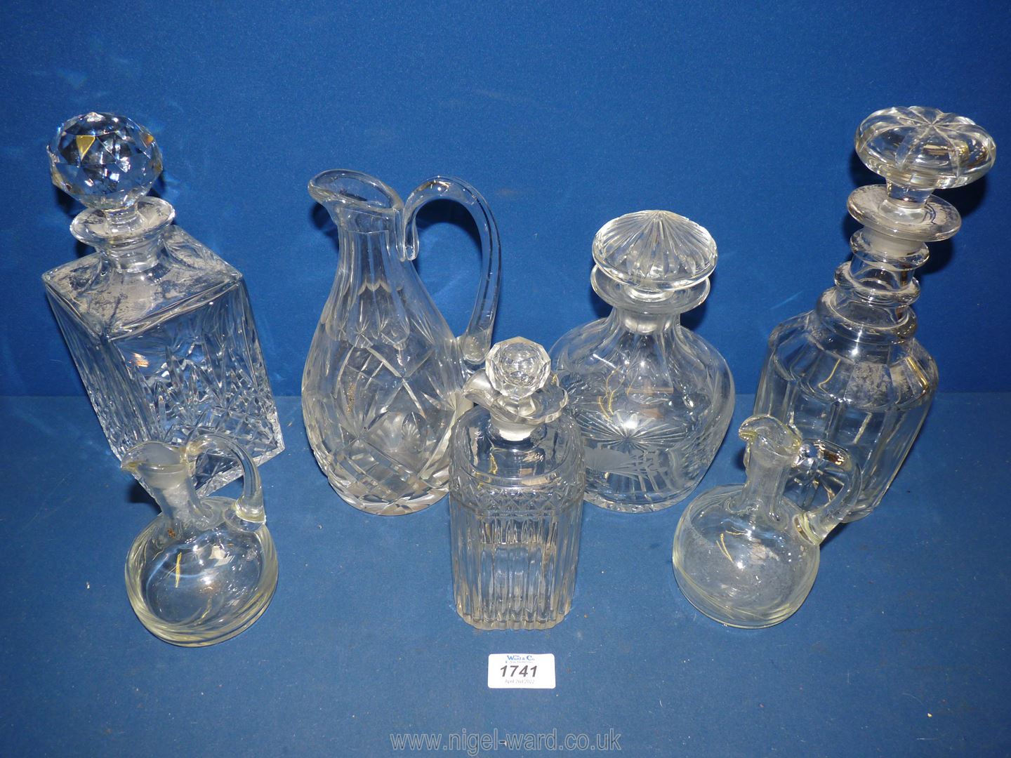 Four glass decanters and stoppers, a water jug and two small vinaigrette/ oil bottles. - Image 2 of 2