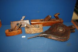 A pair of bellows and four old woodworking planes, some a/f.