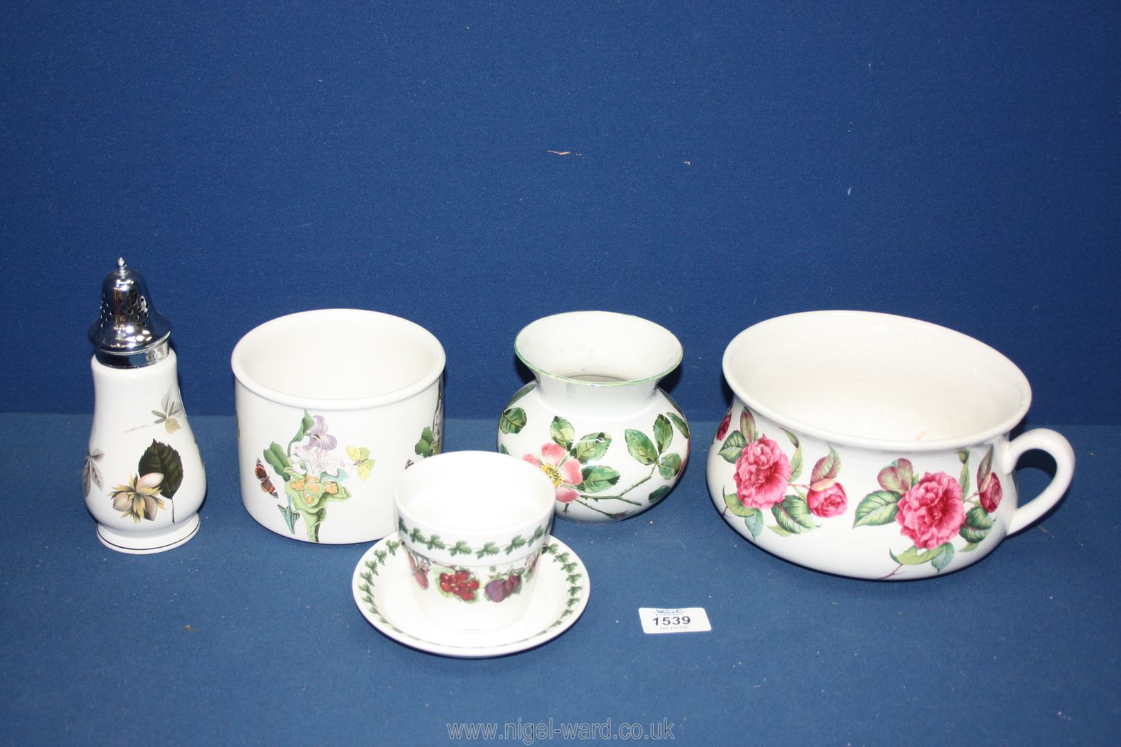 Three pieces of Portmeirion to include Botanic Gardens jardiniere, chamber pot (a/f.