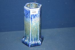 A Ruskin Pottery hexagonal Vase in blue crystalline glaze in drizzle effect, 8 3/4'' tall.