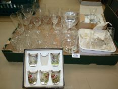 A quantity of glass including boxed set of sherry glasses, Babycham, Hunting scene shot glasses,