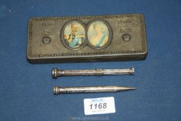Two propelling Pencils including silver plated, in a 1910-35 Silver Jubilee chocolate tin.