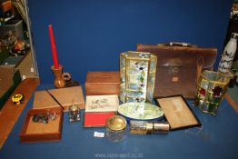 A quantity of miscellanea including two glass display cases, briefcase, Treen, glass inkwell etc.