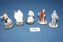 Five miniature metal "Lord of the Rings" figures including 'Elrond',