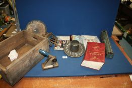 A quantity of miscellanea to include; desk seal, tin plate mould, old athletic discus (a/f), etc.
