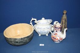 A large blue and white teapot (chip to handle), Imari style coffee pot by Masons (chip to rim),