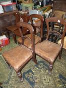 Three Mahogany framed Dining Chairs having turned and lobed front legs and Rexine upholstered seats.