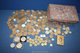 An old fabric box containing old pennies, three 5//- and quantity of threepences, etc.