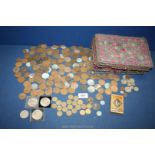 An old fabric box containing old pennies, three 5//- and quantity of threepences, etc.