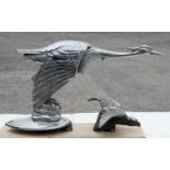 Two white metal Car Mascots - flying stork, 7'' tall and eagle, 3'' tall.