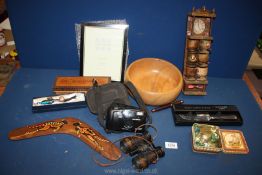 A quantity of miscellaneous to include wooden bowl, egg timing set, marbles, binoculars, camera,