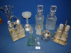 A small quantity of glass including a pair of decanters, etched vase, condiment sets etc.