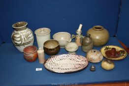 A quantity of studio pottery Stoneware including Berey Pealing vase, bowl,