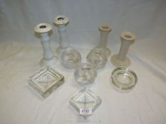 Two pairs of matching cream & white candle holders, plus three glass leaf design tea light holders,