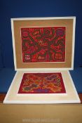 Two modern needlework pictures of birds and lizards (possibly Australian?),