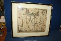 A framed hand coloured map 'The Road from Cambridge to Coventry' by John Ogilby,