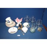 A quantity of mixed china including foreign cups, saucers and plates, fishermen figurine,