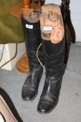 A pair of gents black Riding Boots, size 10D, with wooden boot trees.