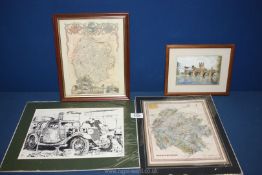 Two maps of Herefordshire (one being unframed), a framed picture of the Old Wye Bridge, etc.