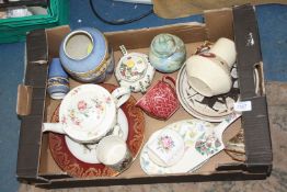 A quantity of china including Doulton sucrier, Grindley teapot, WWI Peace mug, Wade jug,