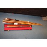 Five Snooker Cues, one cased, 'The Walter Lindrum', inlaid, etc.