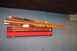 Five Snooker Cues, one cased, 'The Walter Lindrum', inlaid, etc.