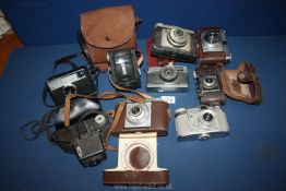 A box of old film Cameras incl Olympus Trip 35, Ensign Ful-Vue, Ilford Sporti,